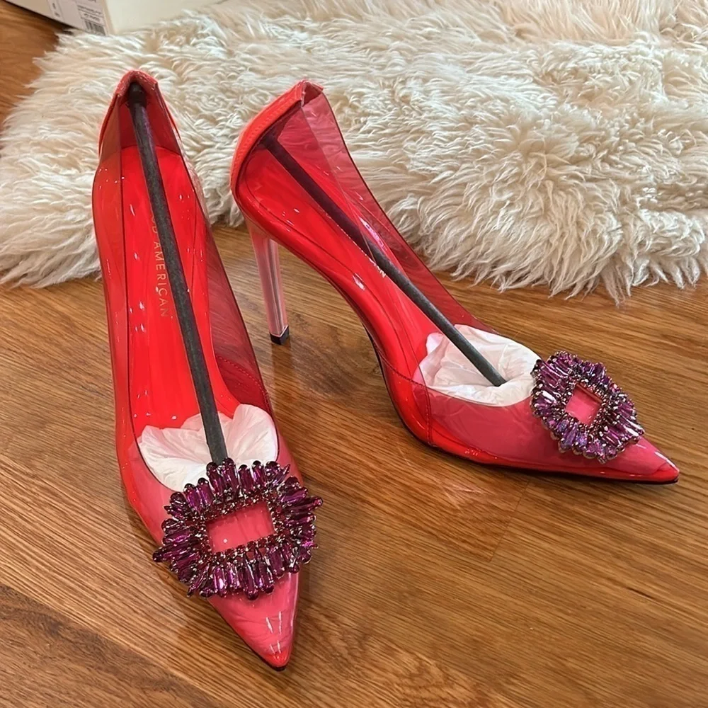 Good American Cinderella crystal pump hot pink stiletto heels size 8 new in box